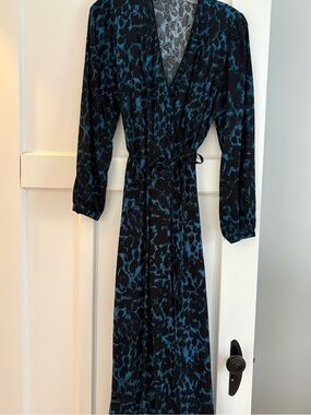 Black and Teal Print Maxi Wrap Dress